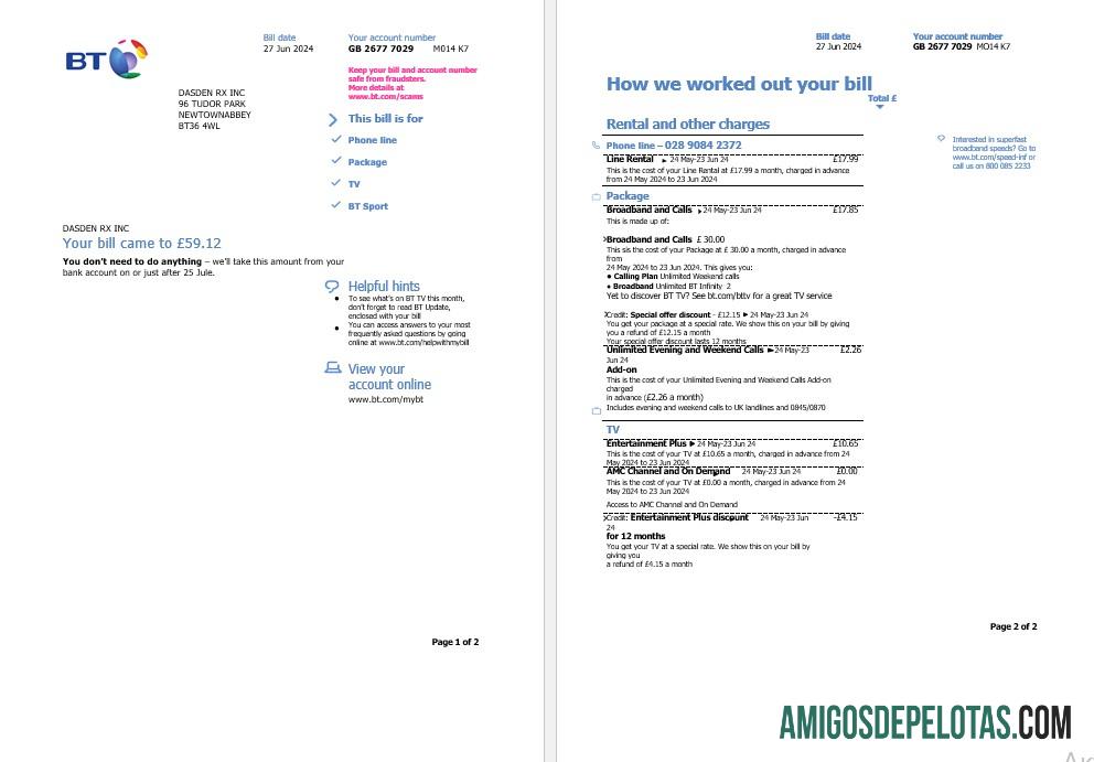 Em branco modelo de conta de serviços públicos BT do Reino Unido em formatos Word e PDF, 2 páginas